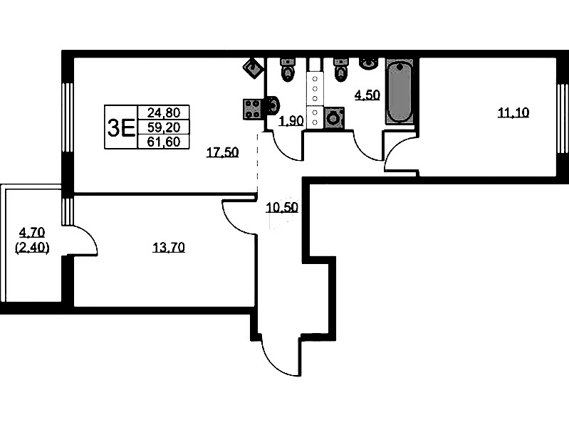 2-комнатная квартира 61.6 м², 4/11 эт., ЖК «А101 Лаголово»